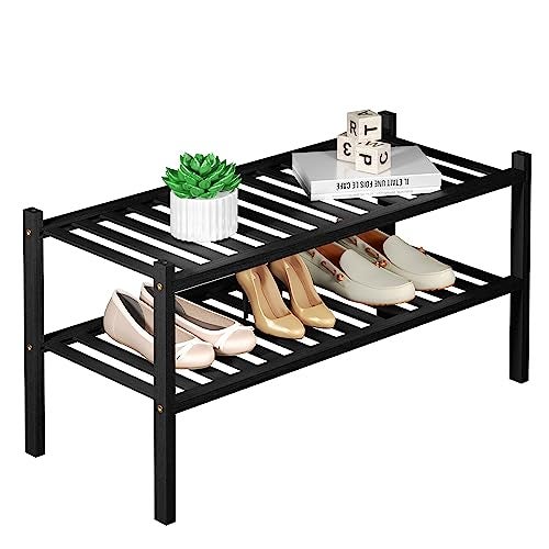 ROMGUAR CRAFT 2 Tier Bamboo Shoe Rack for Closet Free Standing Wood Shoe Shelf for Entryway Small Space Stackable 27"x11"x13" (Black) - Image 1