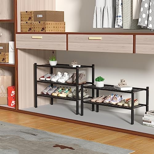 ROMGUAR CRAFT 2 Tier Bamboo Shoe Rack for Closet Free Standing Wood Shoe Shelf for Entryway Small Space Stackable 27"x11"x13" (Black) - Image 3
