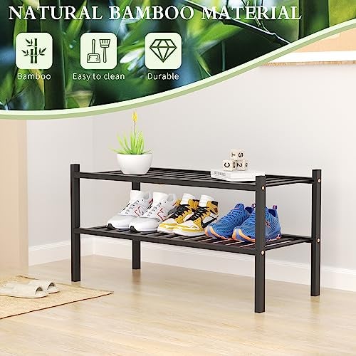 ROMGUAR CRAFT 2 Tier Bamboo Shoe Rack for Closet Free Standing Wood Shoe Shelf for Entryway Small Space Stackable 27"x11"x13" (Black) - Image 5