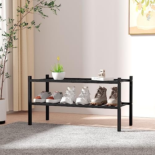 ROMGUAR CRAFT 2 Tier Bamboo Shoe Rack for Closet Free Standing Wood Shoe Shelf for Entryway Small Space Stackable 27"x11"x13" (Black) - Image 2