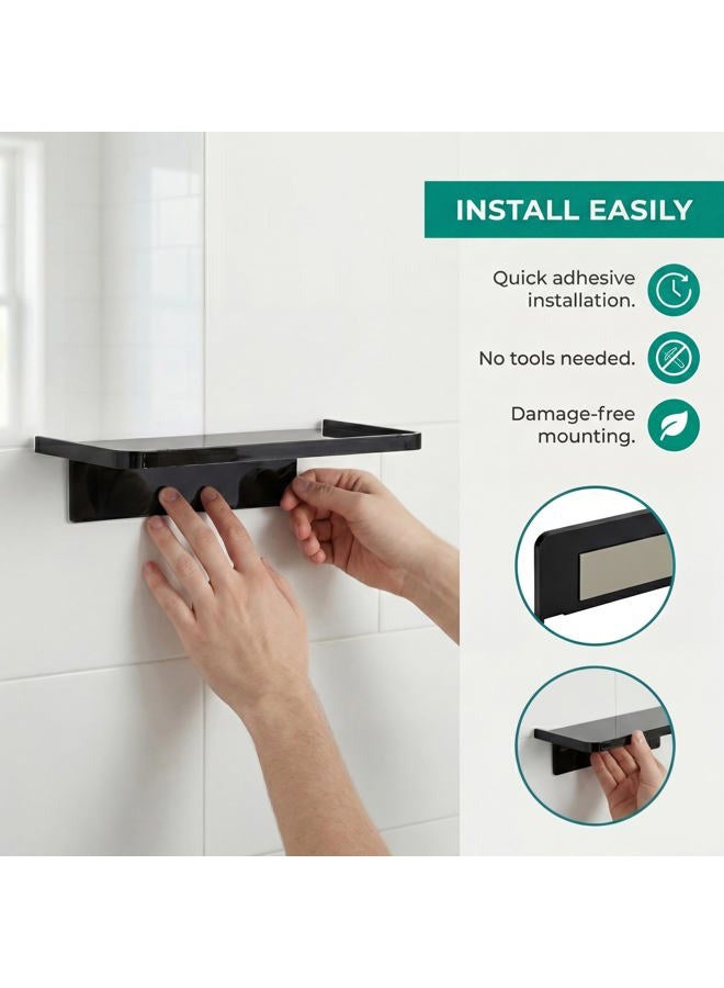 EHKIT Small Floating Shelf Heavy Acrylic Adhesive Stick on Sticky Strips/Nail Screws Wall Mount Bathroom Organizer Wipes Phone Glasses Essential Oil Perfume (Black) - Image 5