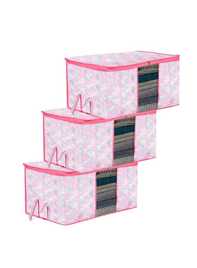 Kuber Industries Kuber Industries Underbed Storage Bag | Clothes Storage Bag | Blanket Cover with Clear Window | Zipper Closure & Handle Cloth Organizer | Flower Patta-Design | Large | Pack of 3 | Pink - Image 1