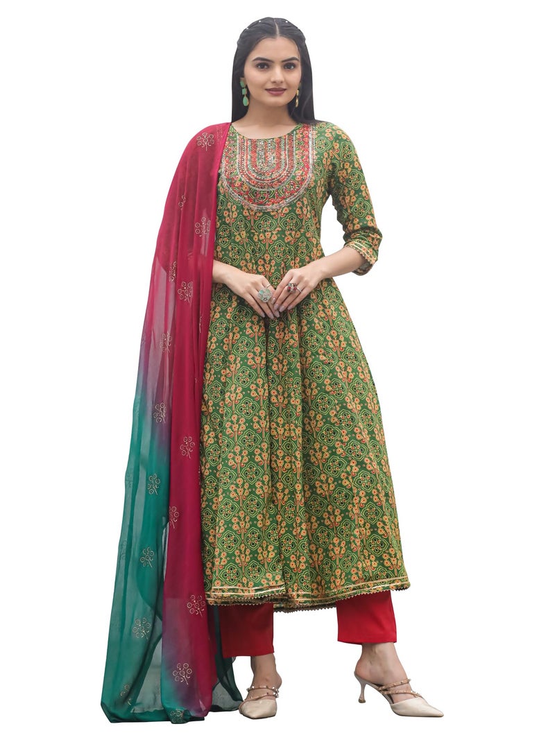 Rajnandini Women's Pure Cambric Cotton Embroidered Kurta Set with Dupatta (JOPLSE213-S_Green & Red_S) - Image 1