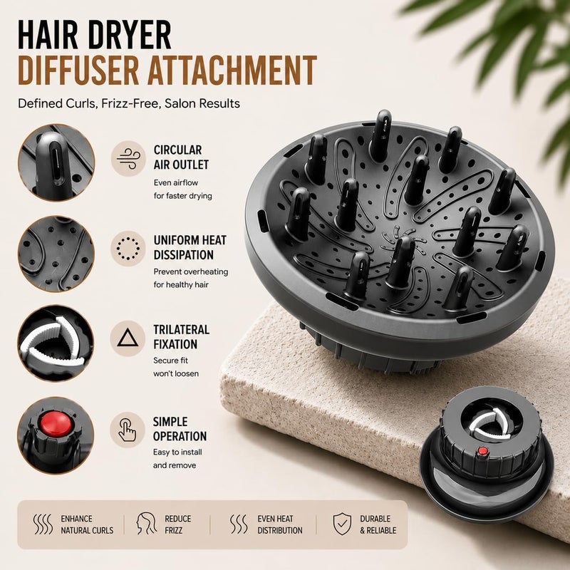 WPESI Diffuser Attachment for Hair Dryer,Hair Dryer Diffuser, Hair Diffuser Adaptable for Blow Dryers with D-1.4-Inch to 2.4-Inch for Curly or Wavy Hair,(Black) - Image 2
