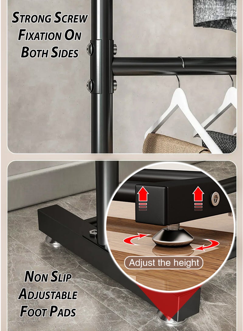 DBLEW Double Rod Clothing Rack Heavy Duty Dual Layer Clothes Drying Stand Garment Organizer Open Armoire with 2 Tier Hanger Rails and Bottom Storage Shelf, Strong 25mm Steel Pipes, 60kg Load Large Capacity Featuring Two Horizontal Bars for Hanging Clothes, Laundry Room, Balcony, Bedroom Sheets, Quilts, Blanket, Coats, Skirts, Shirts, Hats, Sweaters Holder 120cm  - Image 2