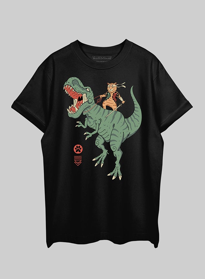 THREADCURRY THREADCURRY Dino Cat Oversized Drop Shoulder Cotton Loose Printed T-Shirt for Men  - Image 1