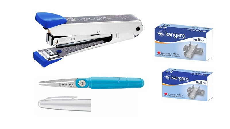 Munix Stainless Steel Scissors - PS-1147 Large Size for Home & Office Use | Kangaro No. 10 Metal Stapler | Kangaro No. 10 Pin Heavy Duty Steel Wire 2000 | Quick Loading Mechanism | Pack of 4 - Image 1
