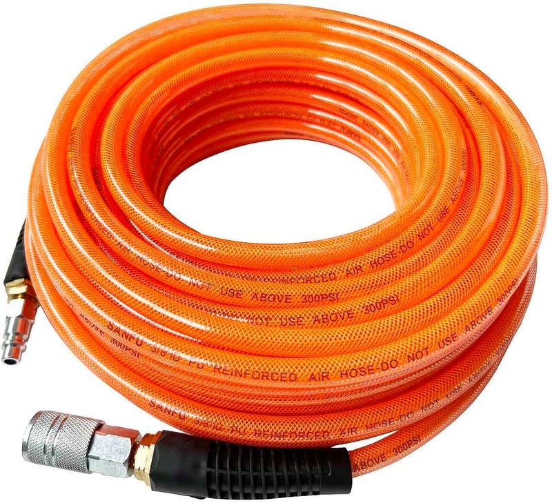 SANFU 3/8''ID x 100ft Polyurethane Reinforced Flexible Air Hose with Quick Coupler and Plug - Image 1