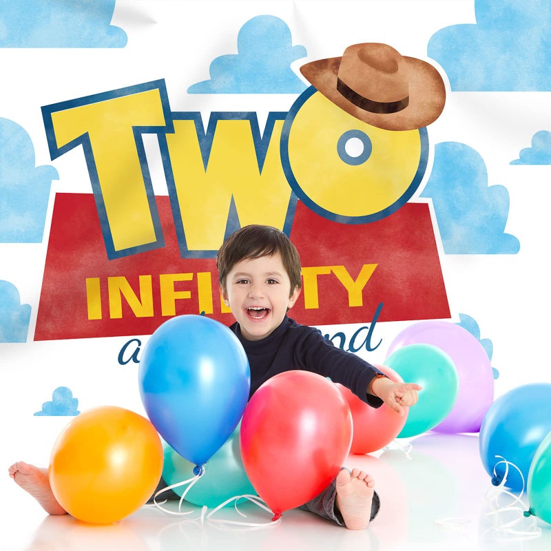 Rsuuinu Two Infinity and Beyond Backdrop 2nd Birthday Hat Blue Clouds Birthday Party Supplies Decorations Photography Background for Kids Boys Second Birthday Cake Table Banner Photo Booth Props 7x5ft - Image 2