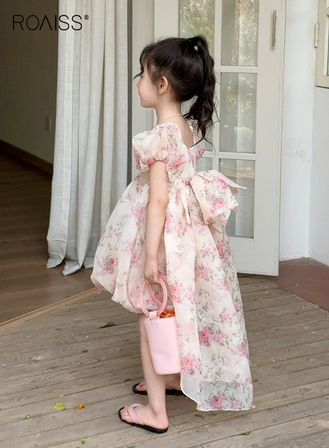 roaiss Girls Princess Dress with Back Bow, Vintage Puff Sleeves Floral Dress, Stylish Pageant Dress, Gorgeous Prom Ball Gown, Suit for Wedding, Daily Wear and Special Occasion  - Image 2