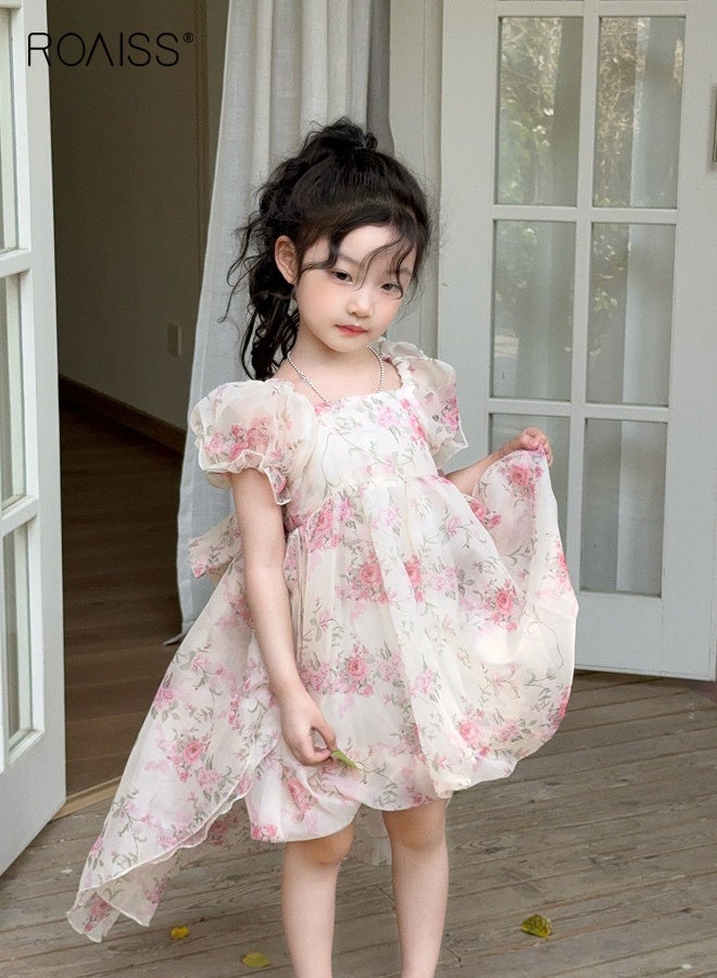 roaiss Girls Princess Dress with Back Bow, Vintage Puff Sleeves Floral Dress, Stylish Pageant Dress, Gorgeous Prom Ball Gown, Suit for Wedding, Daily Wear and Special Occasion  - Image 1