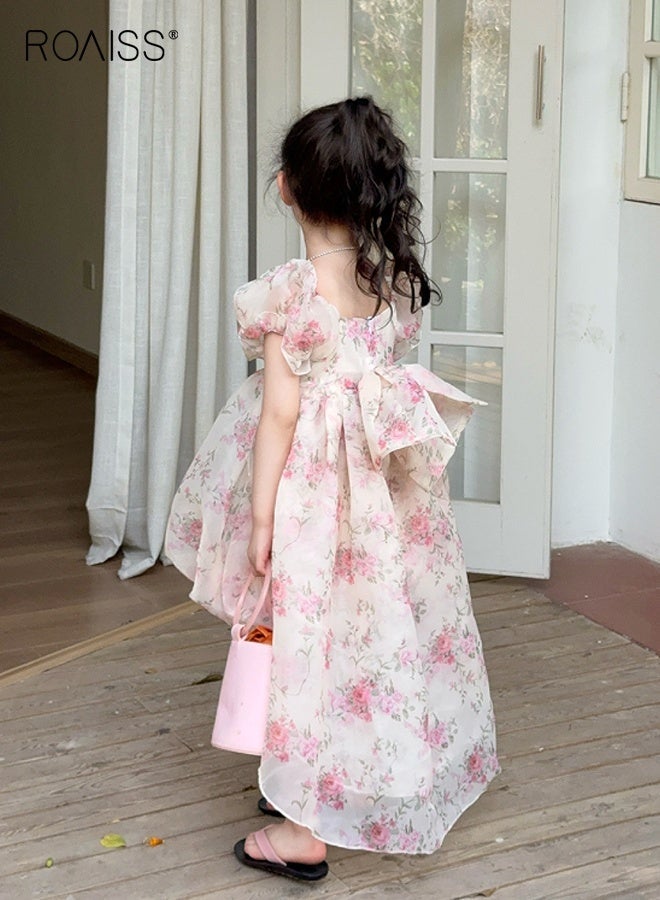 رويس فستان برنسيسة للبنات مع عقدة ظهر، فستان زهور بأكمام منتفخة عتيقة، فستان أنيق لمهرجانات الزفاف، فستان حفلات الزفاف، فستان رائع لحفلات الزفاف، فستان مناسب للارتداء اليومي والمناسبات الخاصة - Image 4