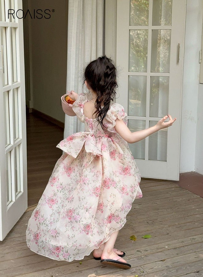 رويس فستان برنسيسة للبنات مع عقدة ظهر، فستان زهور بأكمام منتفخة عتيقة، فستان أنيق لمهرجانات الزفاف، فستان حفلات الزفاف، فستان رائع لحفلات الزفاف، فستان مناسب للارتداء اليومي والمناسبات الخاصة - Image 2