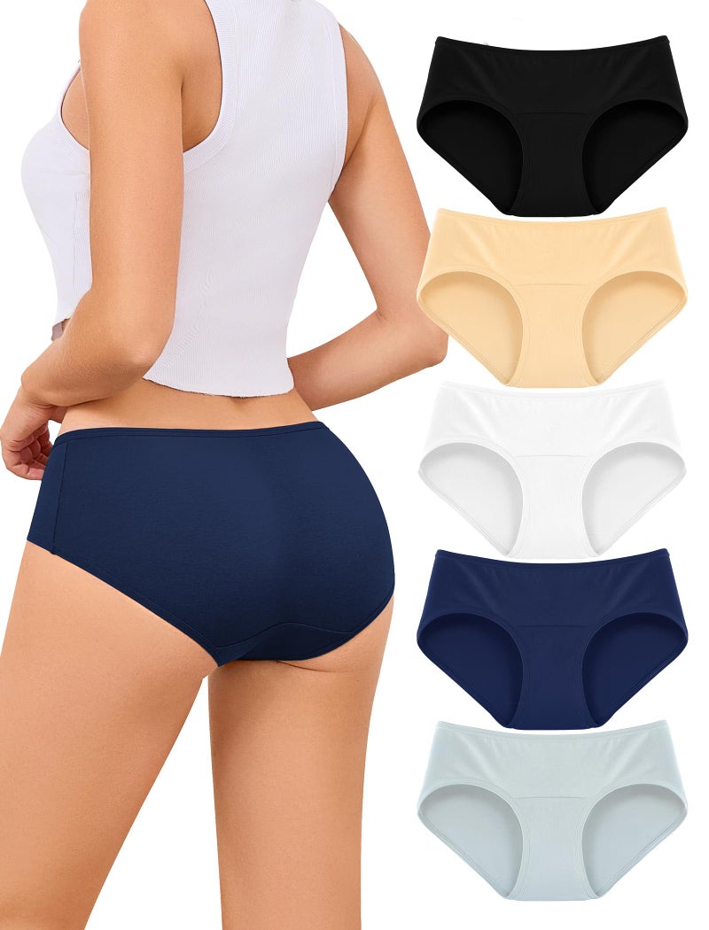 voenxe Cotton Underwear Women Hipster Brief Panties,Breathable Women's Full Coverage Bikini,Soft Workout Ladies Undies,5 Pack Basics - Image 1