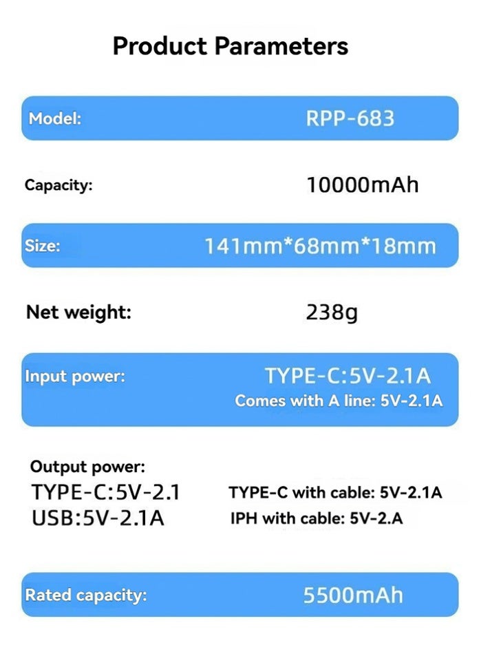 Portable Power Bank with LED Digital Display, 22.5W PD Fast Charging, Built-in Cables, Multi-Port Output, Type-C & USB, Lightweight, 10000mAh  – Black/White - Image 5