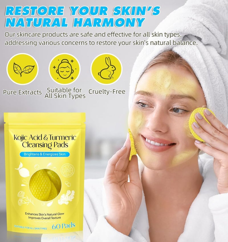 Kojicacid & Turmeric Cleansing Pads, Natural Brightening & Exfoliating Face Pads with Chamomile and Lemon, 60 Pieces - Image 2