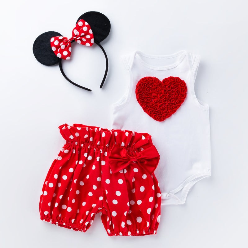 Girls Cartoon Heart Sleeveless Romper and Polka Dot Shorts Set Red-Love 
