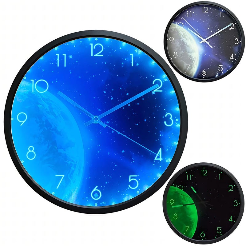 OCEST 12 Inch Night Light Wall Clock for Bedroom Silent Lighted up Wall Clock Glow in The Dark Easy to Read Large Digital Display Battery Operated for Living Room KitchenBlue Earth