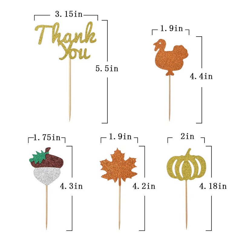 HOKPA Thanksgiving Cupcake Toppers  36 Pcs Glitter Turkey Pumpkin Maple Leaf Chestnut Muffin Food Cupcake Picks for Thanksgiving Day Party Anniversary Decorations - Image 2