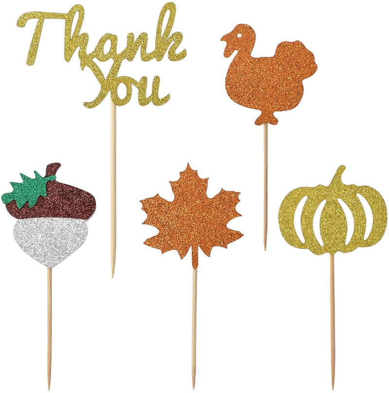 HOKPA Thanksgiving Cupcake Toppers  36 Pcs Glitter Turkey Pumpkin Maple Leaf Chestnut Muffin Food Cupcake Picks for Thanksgiving Day Party Anniversary Decorations - Image 1