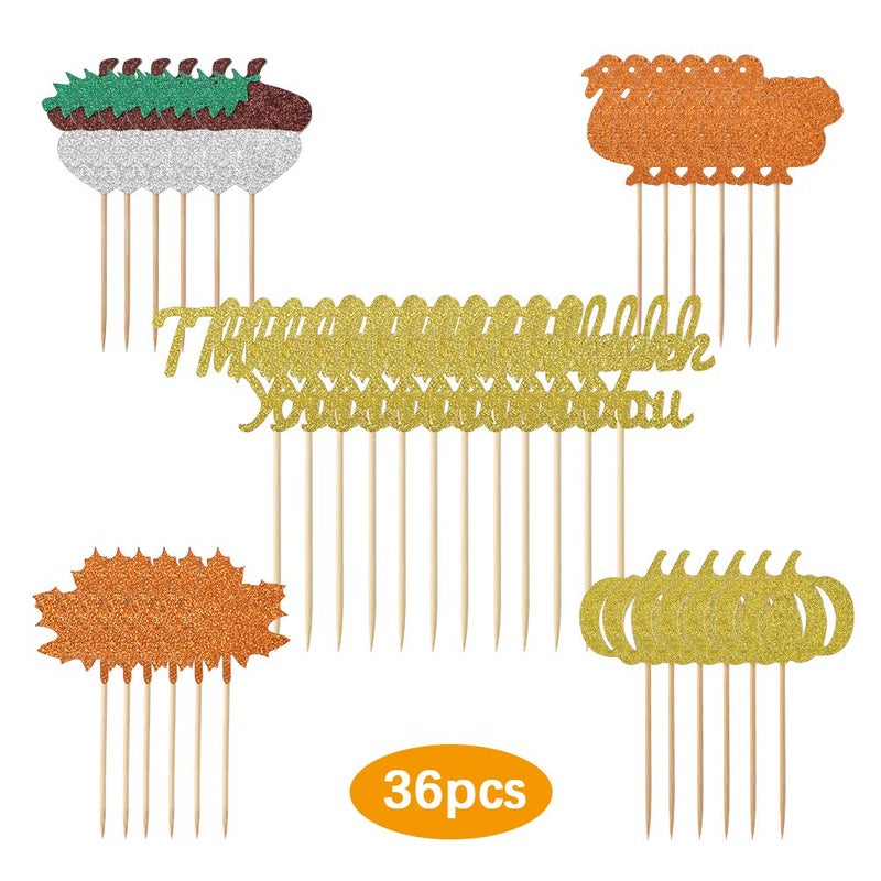 HOKPA Thanksgiving Cupcake Toppers  36 Pcs Glitter Turkey Pumpkin Maple Leaf Chestnut Muffin Food Cupcake Picks for Thanksgiving Day Party Anniversary Decorations - Image 3