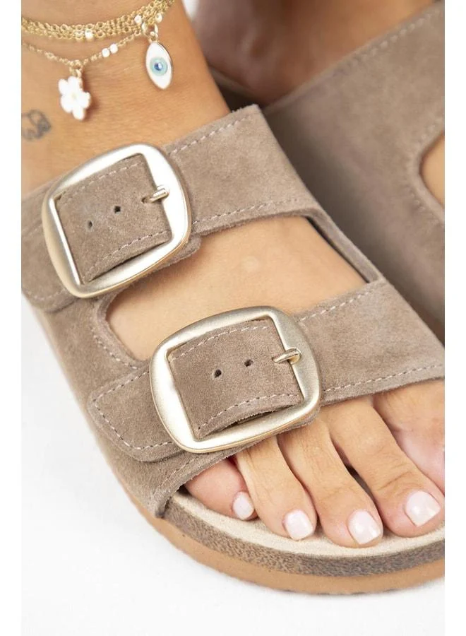 Manijero  Irene Genuine Leather Double Buckle Mink Slippers - Brown for Women | Best Price UAE