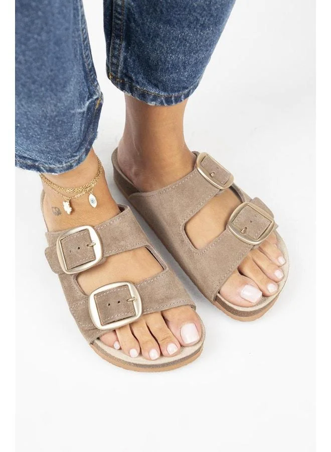 Irene Genuine Leather Double Buckle Mink Slippers - Brown