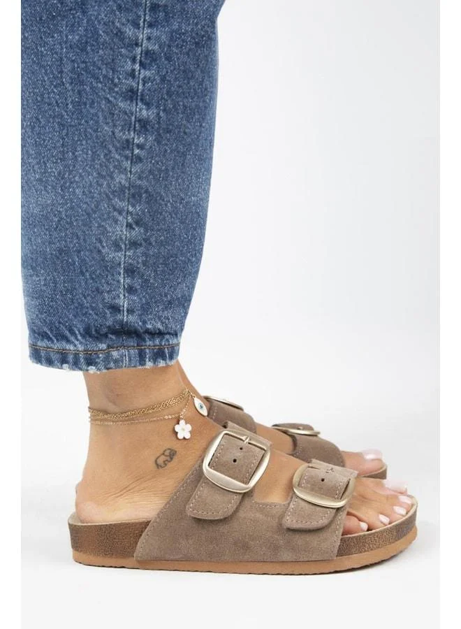 Manijero  Irene Genuine Leather Double Buckle Mink Slippers - Brown for Women | Best Price UAE