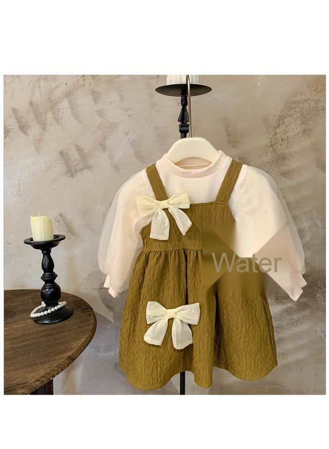Girls' Spring Dress  Bubble Sleeve Top Bow Princess Dress Two-piece Set - Image 2