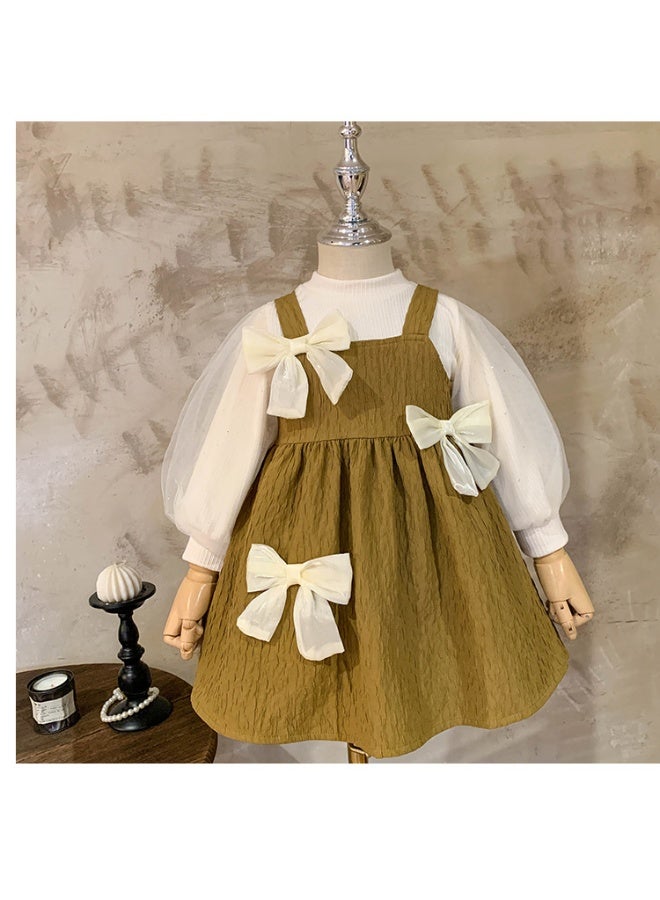 Girls' Spring Dress  Bubble Sleeve Top Bow Princess Dress Two-piece Set - Image 4