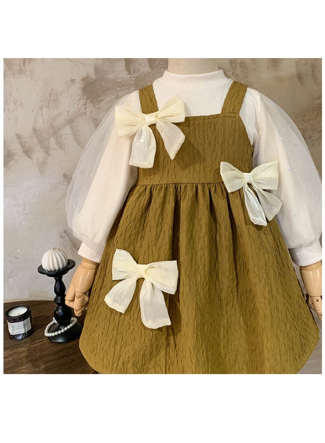 Girls' Spring Dress  Bubble Sleeve Top Bow Princess Dress Two-piece Set - Image 5
