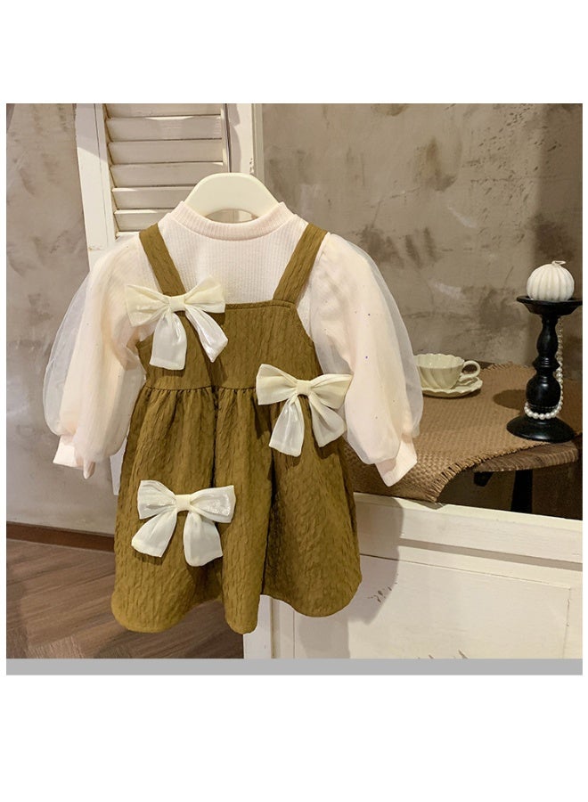 Girls' Spring Dress  Bubble Sleeve Top Bow Princess Dress Two-piece Set - Image 1
