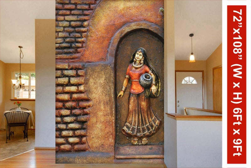999STORE 3D red Bricks and Village Women Mural Wallpaper for Bedroom (Non-Wooven_6X9 Feet_Red) - Image 3
