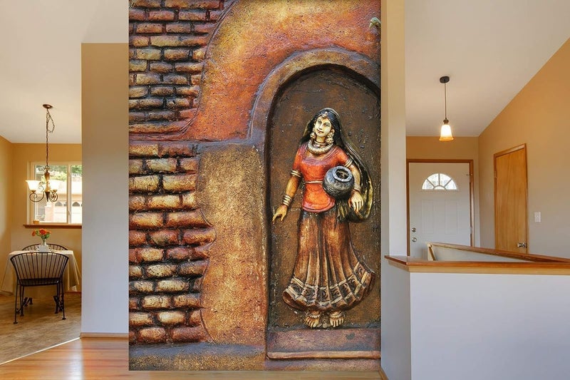 999STORE 3D red Bricks and Village Women Mural Wallpaper for Bedroom (Non-Wooven_6X9 Feet_Red) - Image 5