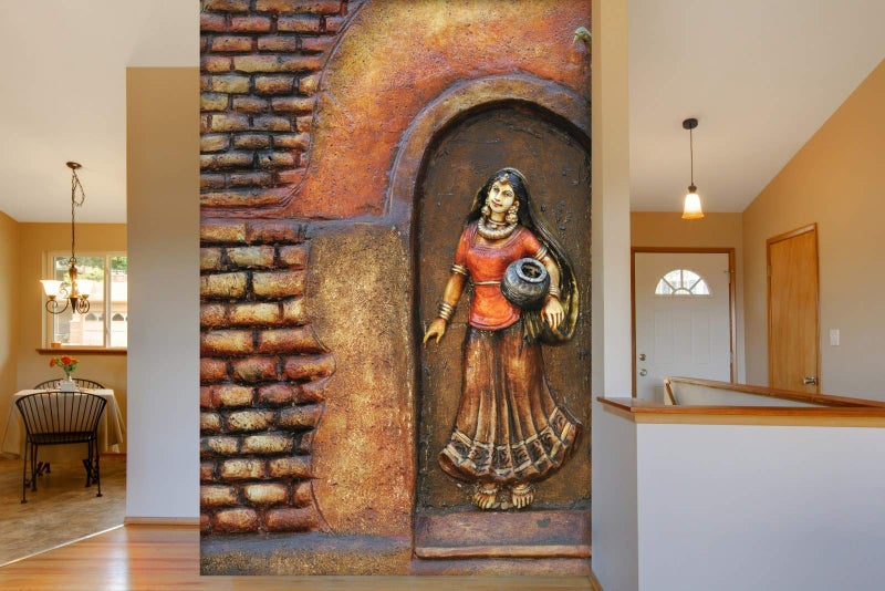 999STORE 3D red Bricks and Village Women Mural Wallpaper for Bedroom (Non-Wooven_6X9 Feet_Red) - Image 1