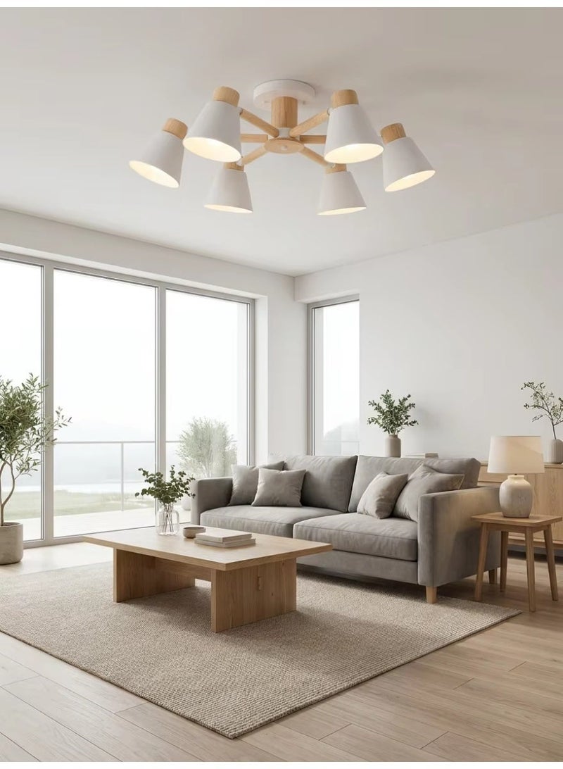 SageLiving Nordic Wood & Grey 6-Light Ceiling Light | Modern Scandinavian Flush Mount Lamp for Living Room & Bedroom | E27 Base (Bulbs Not Included) - Image 1
