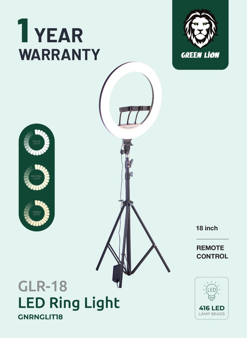 GREEN LION GLR-18 LED Ring Light White/Neutral/Warm Light -Stepless Dimming -Remote Control -Adjustable Tripod -360° Rotation, 416 LED Lamp Beads - Image 1