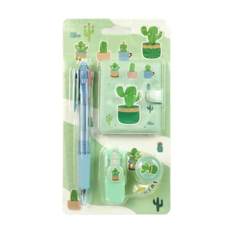 Cute Cartoon Cactus Printed Stationery Set With Notebook, Pen, Mini Highlighter And Mini Tape Dispenser