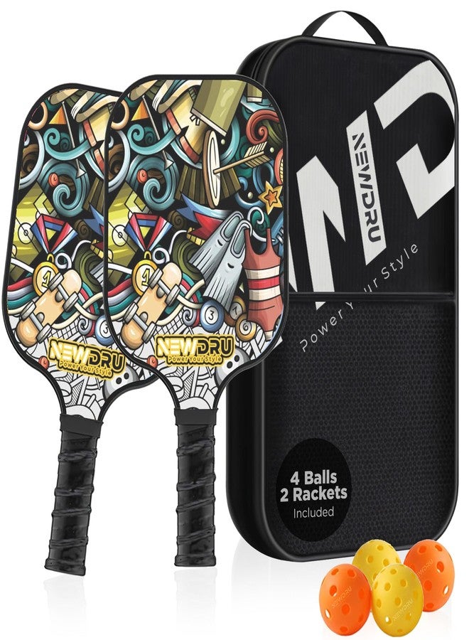 NEWDRU Pickleball Paddle Set of 2 | Fiberglass Pickleball Rackets with Honeycomb Core, 4 Outdoor Balls & Carry Bag | Lightweight USAPA Approved Paddles with Comfort Grip for All Skill Levels - Doodle - Image 1