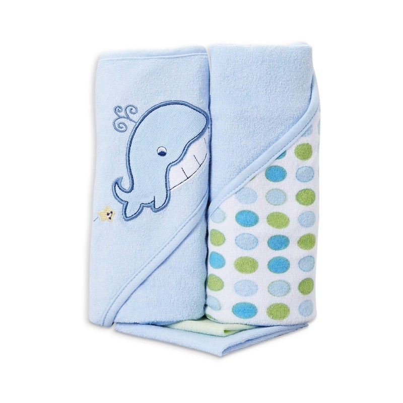Spasilk Bath Hooded Towels & Washcloths Set for Babies, 2 Hooded Terry Bath Towels & 2 Washcloths, Blue Whale - Image 1