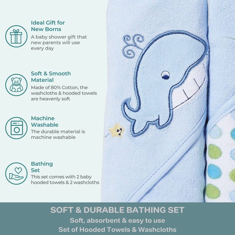 Spasilk Bath Hooded Towels & Washcloths Set for Babies, 2 Hooded Terry Bath Towels & 2 Washcloths, Blue Whale - Image 4