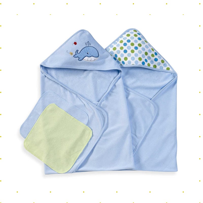 Spasilk Bath Hooded Towels & Washcloths Set for Babies, 2 Hooded Terry Bath Towels & 2 Washcloths, Blue Whale - Image 3
