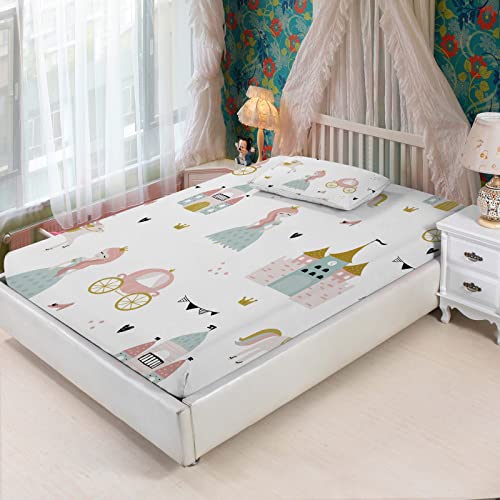 MUSOLEI Princess Fitted Sheet Set Cute Girl Castle Sheet Girl Bed Sheets Girls Teens Kids Bedding Set 1 Deep Pocket Fitted Sheet with Pillowcases Microfiber (Princess, Twin) - Image 1