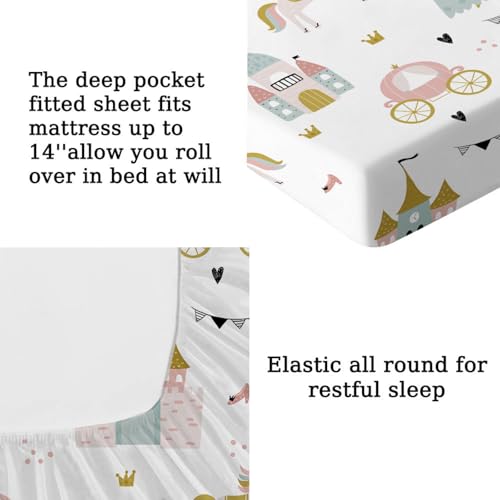 MUSOLEI Princess Fitted Sheet Set Cute Girl Castle Sheet Girl Bed Sheets Girls Teens Kids Bedding Set 1 Deep Pocket Fitted Sheet with Pillowcases Microfiber (Princess, Twin) - Image 3