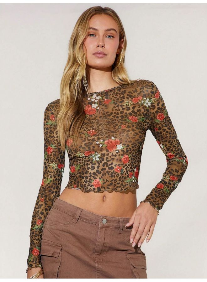 Leopard Print Mesh Top – Round Neck, Long Sleeves