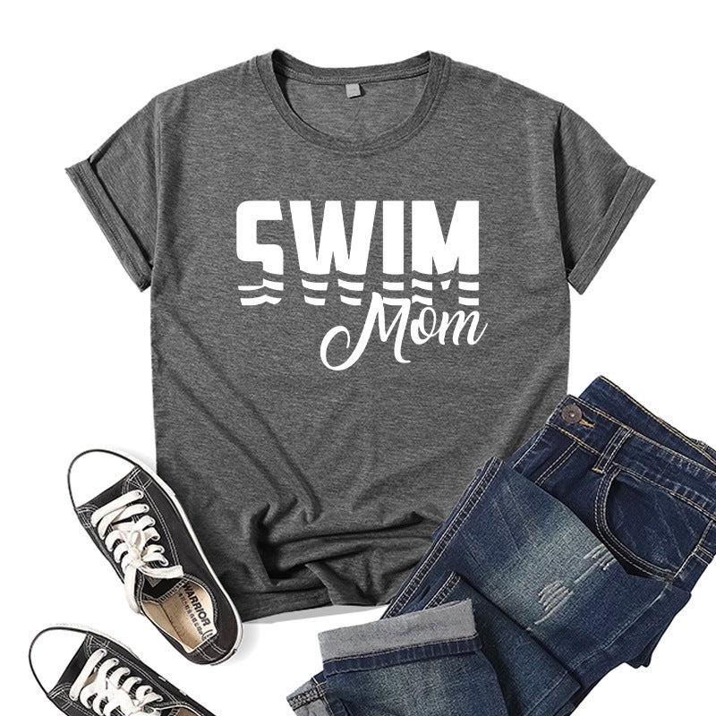 Foreign Trade Cross-border Swimming Mom Swim Mom Printed Short-sleeved Round Neck T-shirt European and American Mens and Womens Top Loose Casual Dark gray 