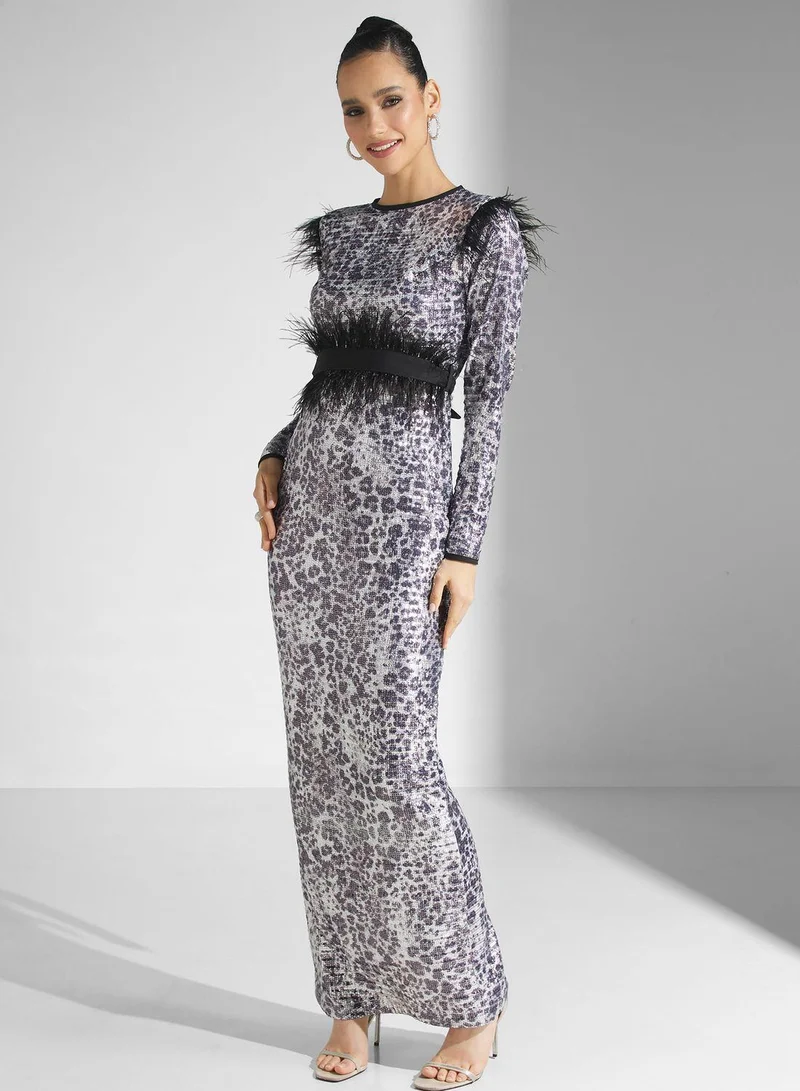 Golden Apple Feather Trimmed Gown Dress