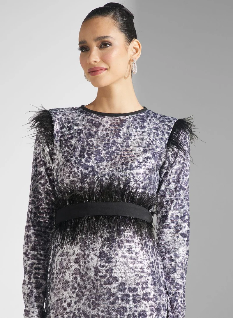 Golden Apple Feather Trimmed Gown Dress