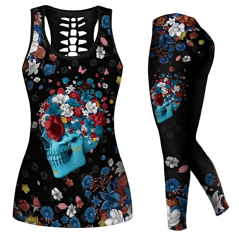 DRZHEAM Womenâ€™s Sugar Skull Yoga Outfits for Women 2 Piece Sets, Lounge Tank Tops Leggings Workout Activewear for Girls (US, Alpha, Small, Regular, Regular, Black) - Image 1