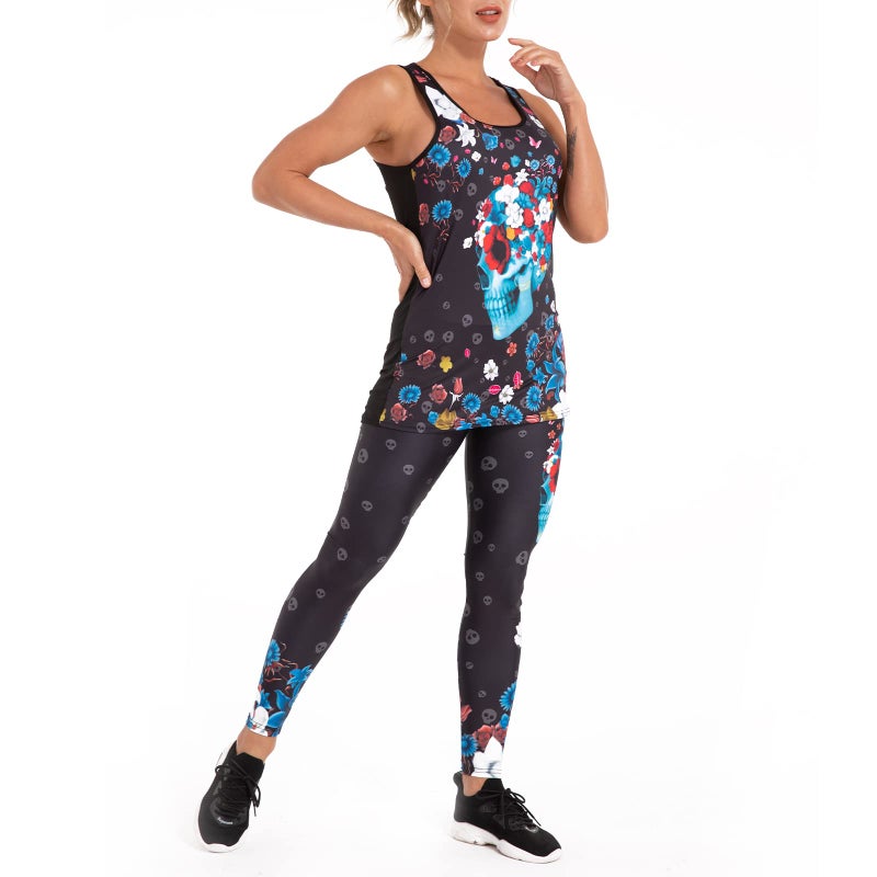DRZHEAM Womenâ€™s Sugar Skull Yoga Outfits for Women 2 Piece Sets, Lounge Tank Tops Leggings Workout Activewear for Girls (US, Alpha, Small, Regular, Regular, Black) - Image 3